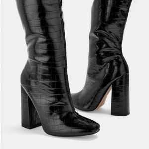 Black Croc Calf Heeled Boots